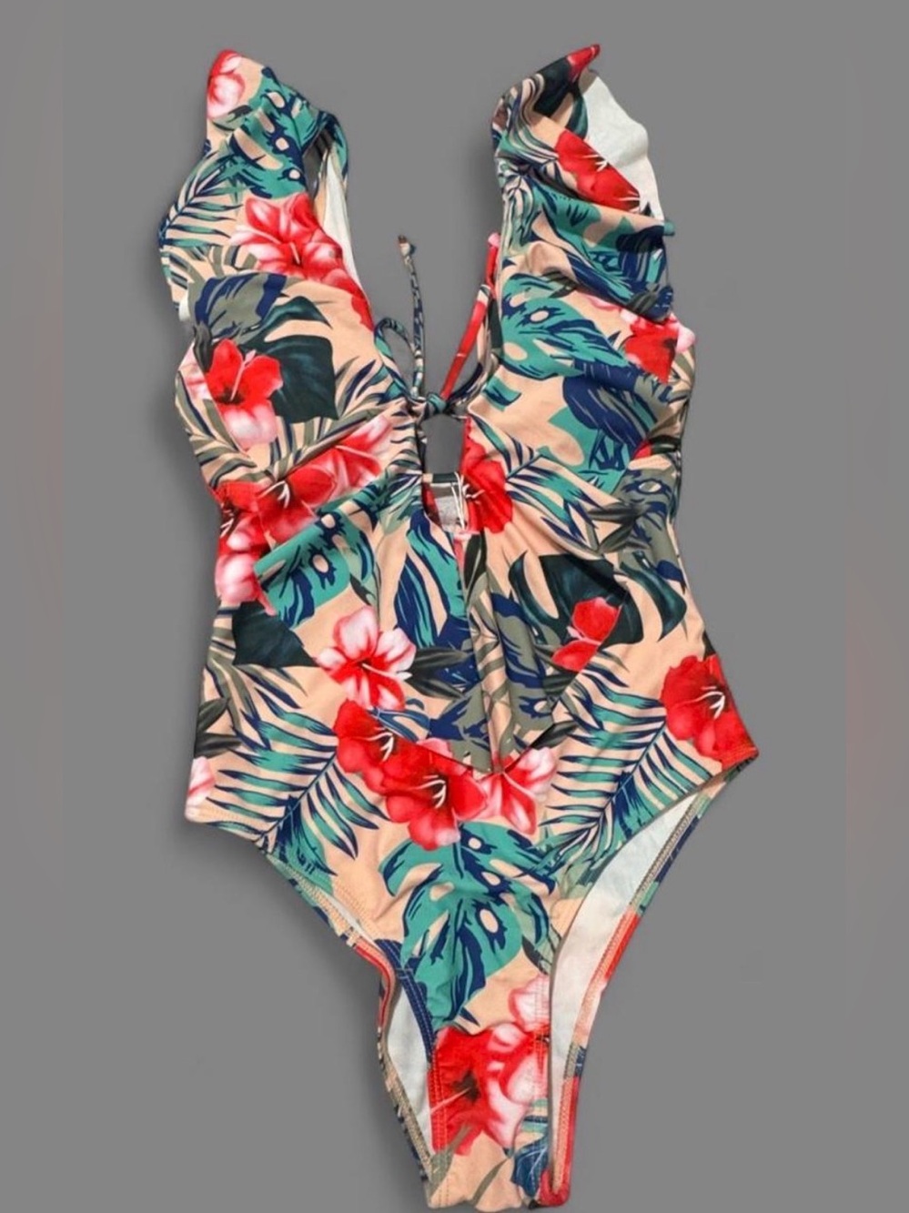 Tropical Floral Ruffle One-Piece Swimsuit - Peach & Red